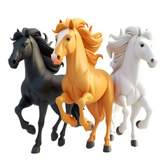 Naklejka na ściany i meble A mesmerizing 3D animated cartoon render of majestic horses galloping. Created with generative AI.
