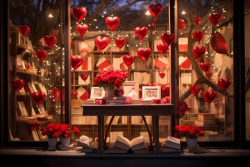 Charming Valentine's Day bookstore window display with love-themed books, decorations, and warm lighting