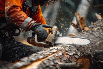 A construction worker demonstrates expertise in forestry, masterfully operating a portable gasoline chainsaw to fell trees efficiently and safely in a controlled environment