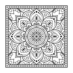 Decorative pattern of flowers and paisley for printing on fabric. Ornament for a bandana, a silk neckerchief, a tablecloth or a kerchief. Square sketch in tribal or oriental style.