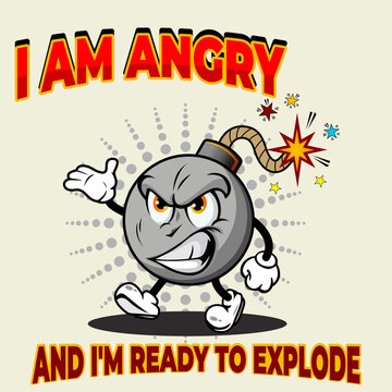 Vector illustration of retro cartoon bomb mascot character with angry face, perfect for t-shirts, stickers, posters, etc