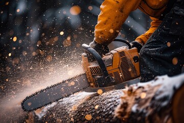 A construction worker demonstrates expertise in forestry, masterfully operating a portable gasoline chainsaw to fell trees efficiently and safely in a controlled environment