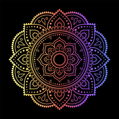 Color circular pattern in form of mandala with flower for decoration or print. Decorative ornament in ethnic oriental style. Rainbow design on black background.