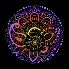 Color circular pattern in form of mandala with flower for decoration or print. Decorative ornament in ethnic oriental style. Rainbow design on black background.