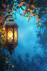 Fototapeta na wymiar Ornate Lantern Amidst Flowers for Ramadan Evening