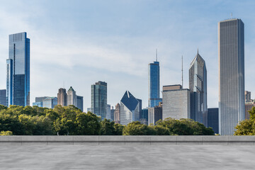 Fototapeta premium Skyscrapers Cityscape Downtown, Chicago Skyline Buildings. Beautiful Real Estate. Day time. Empty rooftop View. Success concept.