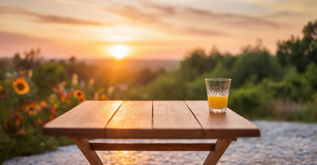 Fototapeta premium Lemons and a orange juice glass on a table with summer themed background