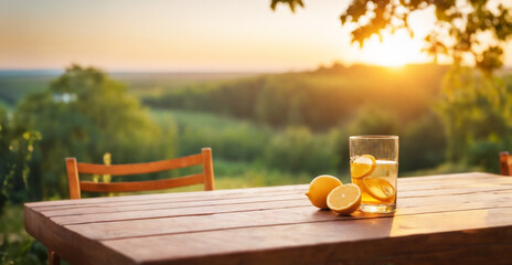 Lemons and a water glass on a table with summer themed background