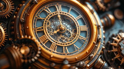 Fototapeta na wymiar Golden Clock with Roman Numerals and Blue Background Generative AI