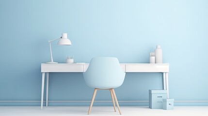 Minimal office desk in pastel blue monochrome color scheme. Minimalist design concept for study and workspace. Rendered as a 3D mockup template.