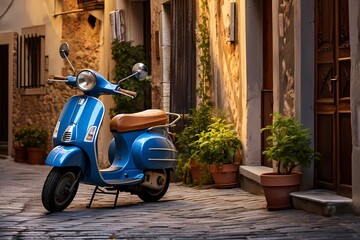 Naklejka premium Classic blue scooter parked in a tranquil alley of an Italian village, with vibrant shutters and traditional buildings creating a picturesque scene