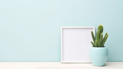Minimalistic home decor concept with cactus, poster frame, and elegant accessories in pastel blue color. Light background with copy space. for web page, presentation.