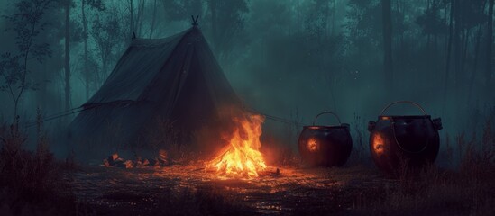 Campfire with a tent in the background and cauldrons above it.