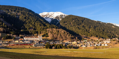 Disentis, Switzerland - February 2, 2023: Disentis Muster is an alpine town in the Surselva region of the canton of Graubunden in Switzerland.