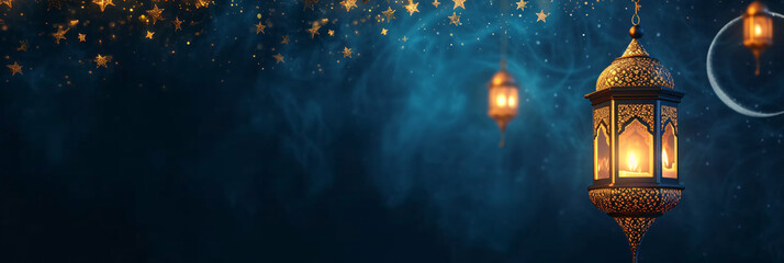 Fototapeta na wymiar Islamic Lantern and Stars Decoration Against a Night Sky for Ramadan