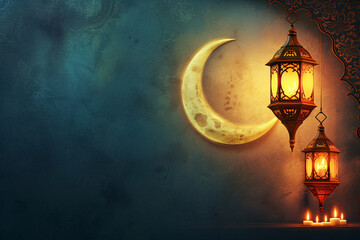 Fototapeta na wymiar Ramadan crescent moon with arabesque lanterns and candle lights