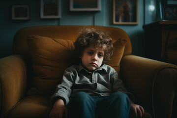 A sad and bored boy of about 5 years old sitting on the sofa in a thoughtful attitude. He has psychological problems