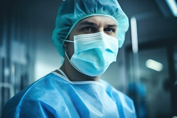 Close-up of a male surgeon with a mask on his face. Sterile medical form. Doctor before operating room