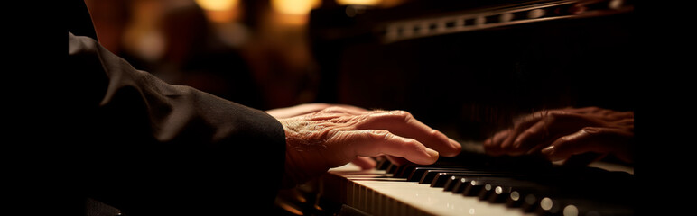 Pianist performing at concert, close-up of hands on piano keys, musical composition.