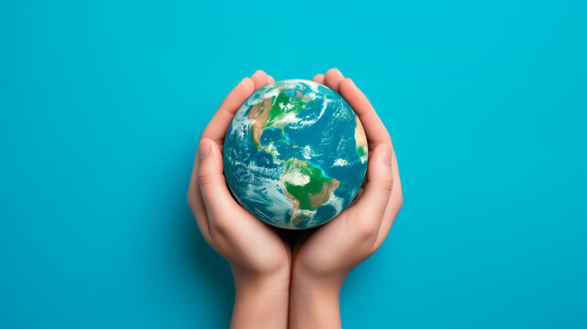 Hands cradling Earth globe on blue background, concept of global care and environmental protection, isolated.