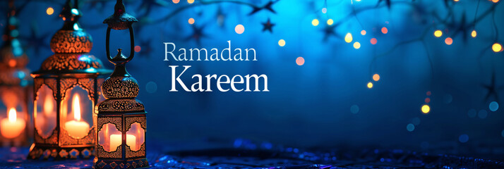 Ramadan Kareem wide banner with glowing lanterns and festive lights