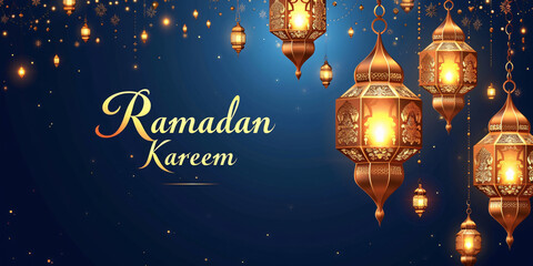 Luxurious Ramadan Kareem banner with illuminated lanterns and starry sky