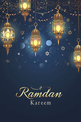 Ramadan Kareem celebration banner with golden lanterns and starry night background
