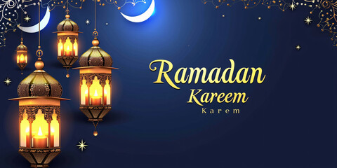 Elegant Ramadan Kareem banner with hanging lanterns and crescent moon design