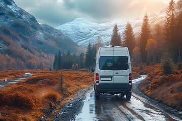 Autumn's Golden Hues: A Van's Journey Through the Mountains Generative AI