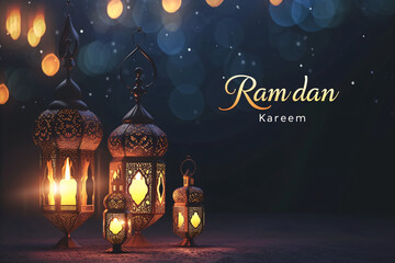 Ramadan Kareem Greeting with Ornate Lanterns and Bokeh Lights