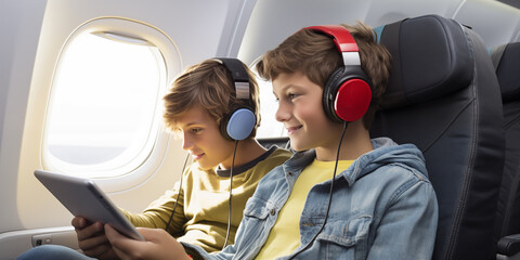 Two teenagers, a boy and girl, wearing headphones and sharing a tablet on a plane - obrazy, fototapety, plakaty