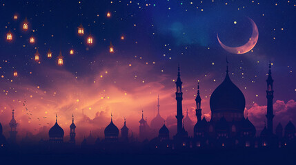 Ramadan Kareem banner with mosque skyline and hanging lanterns