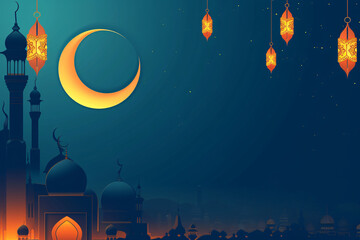 Elegant Ramadan Banner with Crescent Moon and Hanging Lanterns