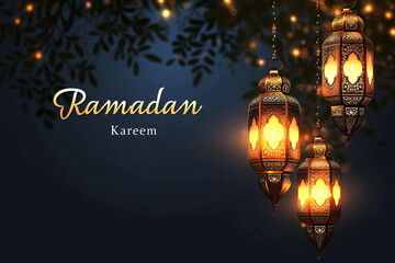 Ramadan Kareem Banner with Hanging Lanterns and Decorative Bokeh