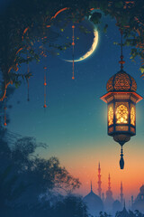 Fototapeta na wymiar Ramadan Crescent Moon and Ornamental Lantern Against Twilight Sky