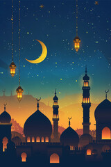 Ramadan Banner with Crescent Moon, Stars, and Hanging Lanterns