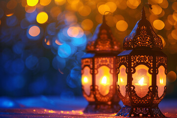 Ornate Lanterns with Glowing Flames and Bokeh for Ramadan Evening