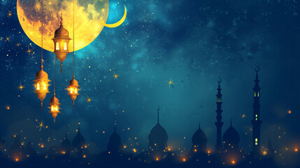 Ramadan Night Sky with Crescent Moon, Stars, and Illuminated Lanterns