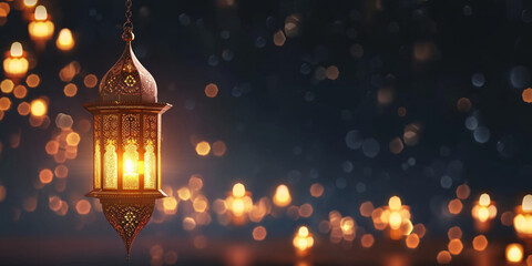 Illuminated Gold Lanterns with Bokeh Effect for Ramadan Celebration