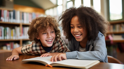 A young student sharing his book with a classmate in the school library, both smiling
