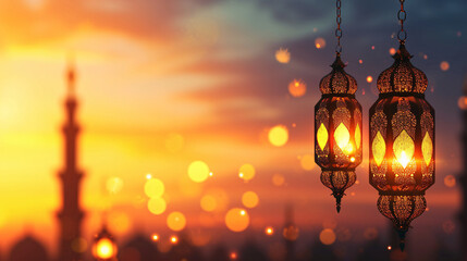 Ramadan Lanterns Hanging with Warm Sunset Glow and Mosque Silhouette
