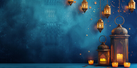 Ramadan Celebration Concept with Hanging Lanterns and Candles