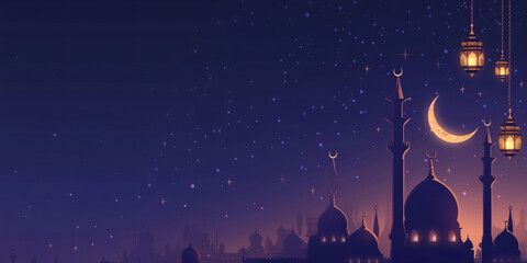 Panoramic Ramadan Scene with Hanging Lanterns, Crescent Moons, and Mosque Silhouettes
