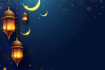 Illuminated Ramadan Lanterns with Crescent Moons and Stars on a Blue Night Sky