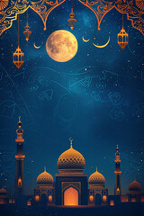 Illustrated Ramadan Banner with Moon, Stars, and Mosque Silhouette