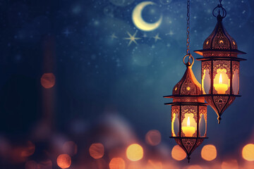 Ramadan Lanterns with Crescent Moon and Stars in Night Sky