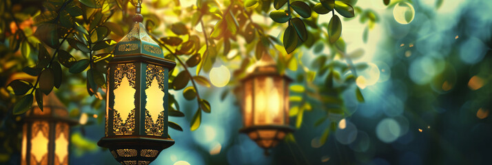 Ramadan Lanterns Amidst Foliage with Golden Dusk Light