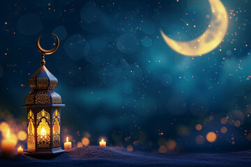 Islamic Lantern and Crescent Moon on Bokeh Background for Ramadan
