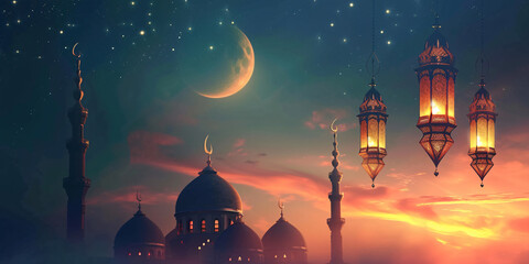 Wide Ramadan Banner with Illuminated Lanterns and Mosque Silhouette Against Twilight Sky - obrazy, fototapety, plakaty