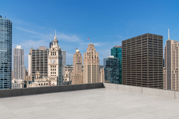 Skyscrapers Cityscape Downtown, Chicago Skyline Buildings. Beautiful Real Estate. Day time. Empty rooftop View. Success concept.